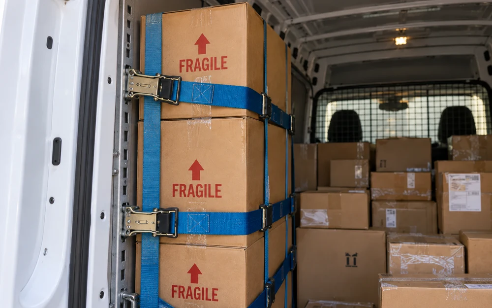 Closer evidence showing the blue straps connected to the van’s anchor rail