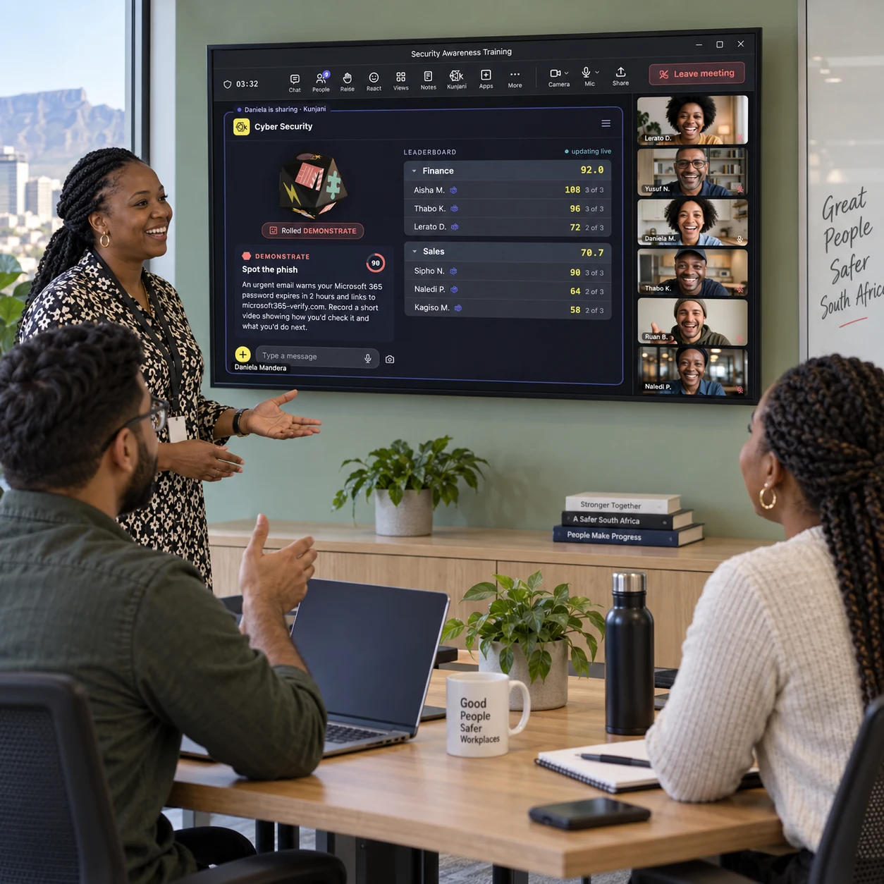 In-room and remote colleagues share a Kunjani game, also open on the participant’s laptop