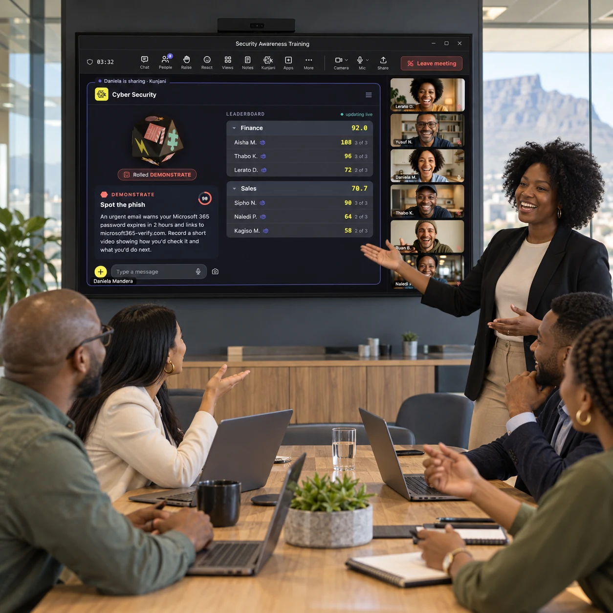 A facilitator running a training game while colleagues participate on phones and laptops in a conference room