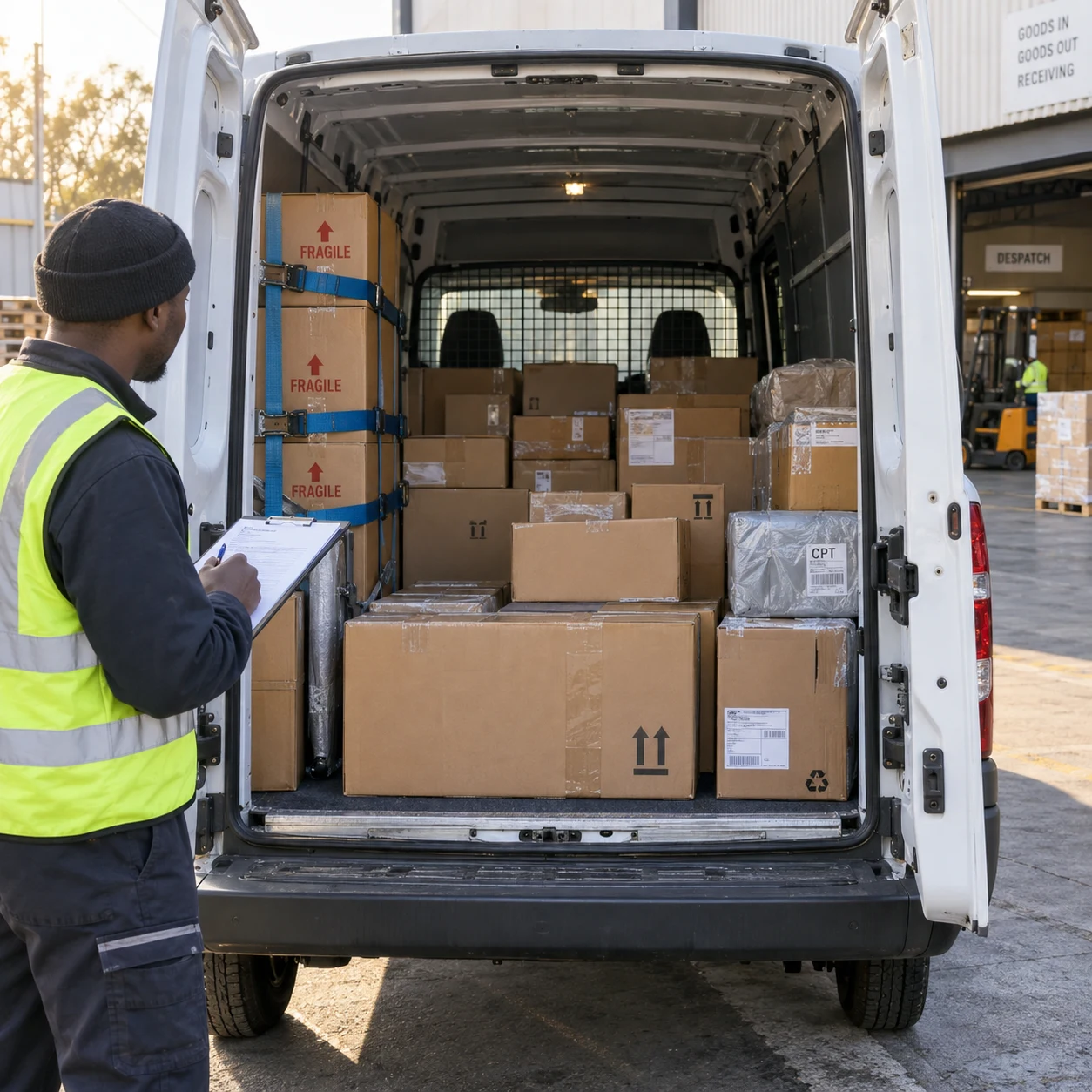An open delivery van with fragile parcels secured with cargo straps